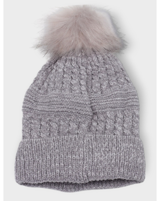 Tuque solide tricot torsadé avec pompon en fausse fourrure et doublure par Saki