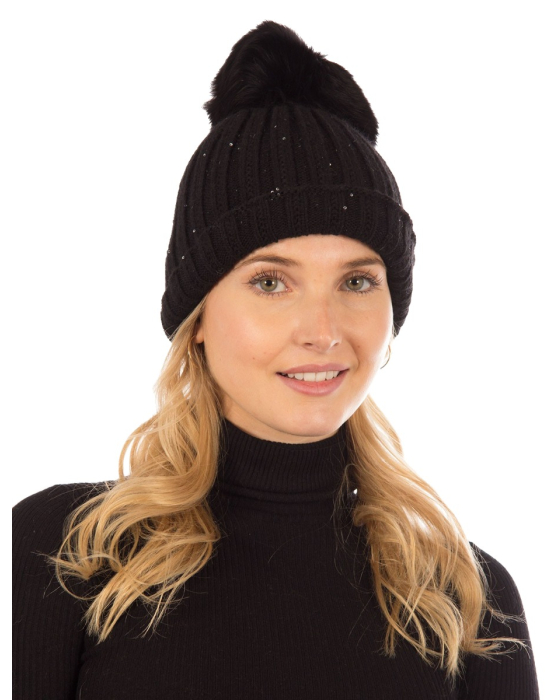 Tuque en Tricot Côtelé avec Pompom en Fourrure de Renard Détachable par Sokos.