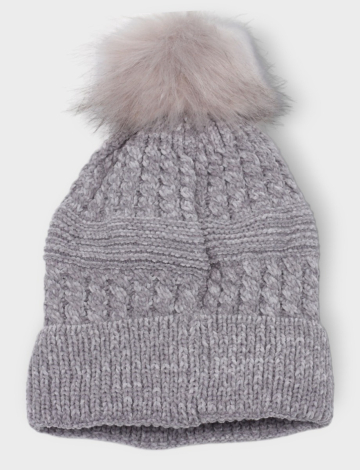 Tuque solide tricot torsadé avec pompon en fausse fourrure et doublure par Saki