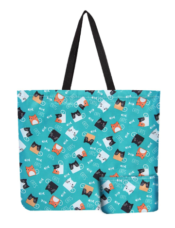 Sac Tote Léger Réutilisable et Pliable Imprimé avec Chats (208-RB888Q 1489920 Taille Unique BLEU)