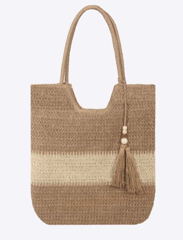 Sac Taupe en paille tissée à 2-tons doublé zippée avec pompon et poche intérieur (208-SDP8682 2584520 Taille Unique TAUPE)