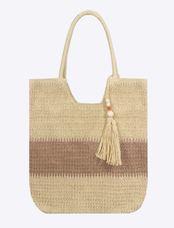 Sac en paille tissée à 2-tons doublé zippée avec pompon et poche intérieur