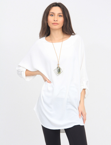 Tunique Longue Et Fluide À Col Rond  Avec Collier Chic Par Froccella (478-M23533 2383410 TAILLE UNIQUE BLANC)