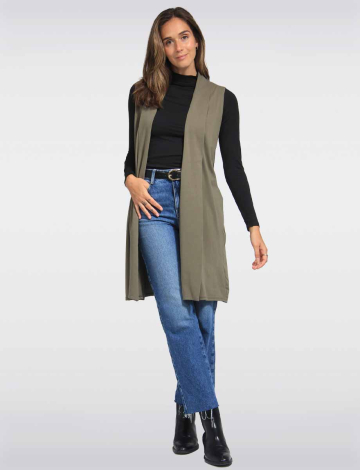 Gilet Long Uni En Coton À Devant Drapé Par Froccella (468-38614 2606110 TAILLE UNIQUE KHAKI)