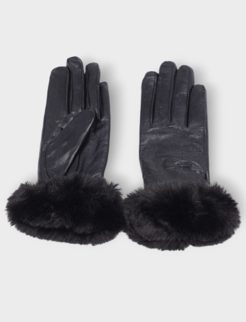 Gants en cuir véritable noirs avec poignets en fausse fourrure par Ricci