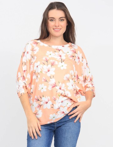 Haut Doux À Manches Trois-quarts Dolman Avec Imprimé Floral Par Froccella (472-2766 2441710 TAILLE UNIQUE PECHE)