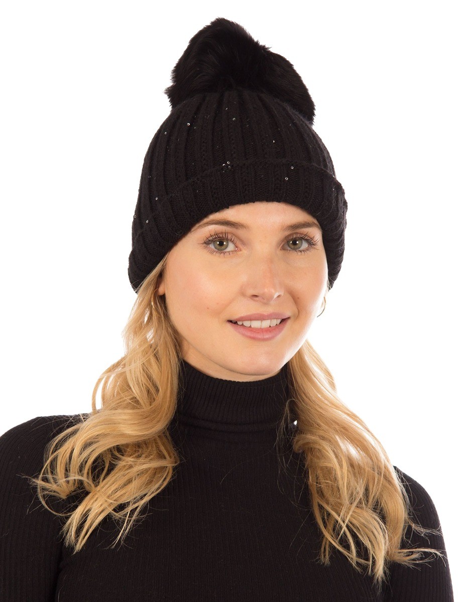 Tuque laine noir avec pompon de fourrure interchangeable, Dana –  Annicklevesque